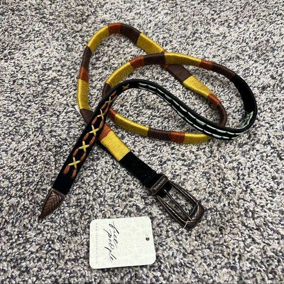 NWT FREE PEOPLE Phoenix Western Belt Embroidered Yellow Black Brown M/L